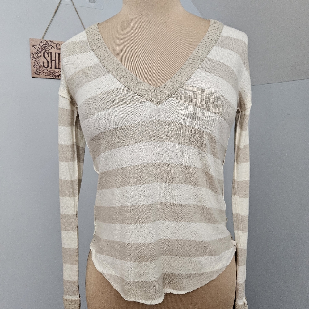 We The Free Sail Away Striped Long Waffle Knit Sleeve Top XS Beige White Neutral - Picture 4 of 16